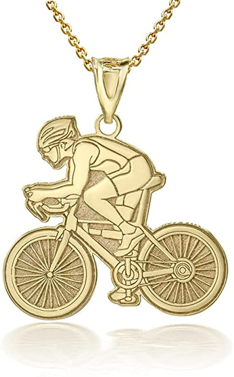 Personalized Engravable Cyclist Bike Sports Pendant Necklace with Your Name in Solid Yellow, White and Rose Gold