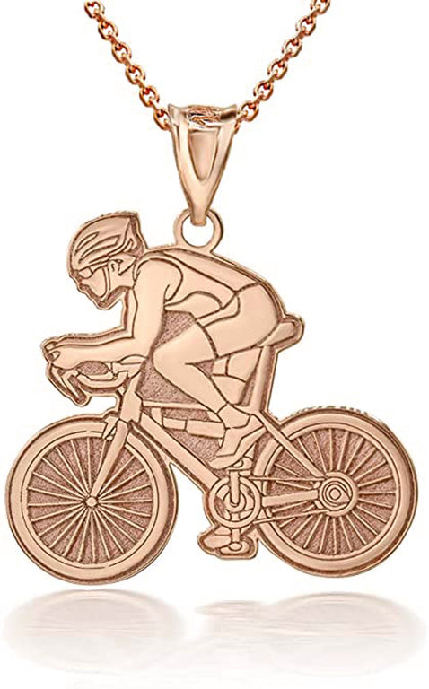 Personalized Engravable Cyclist Bike Sports Pendant Necklace with Your Name in Solid Yellow, White and Rose Gold