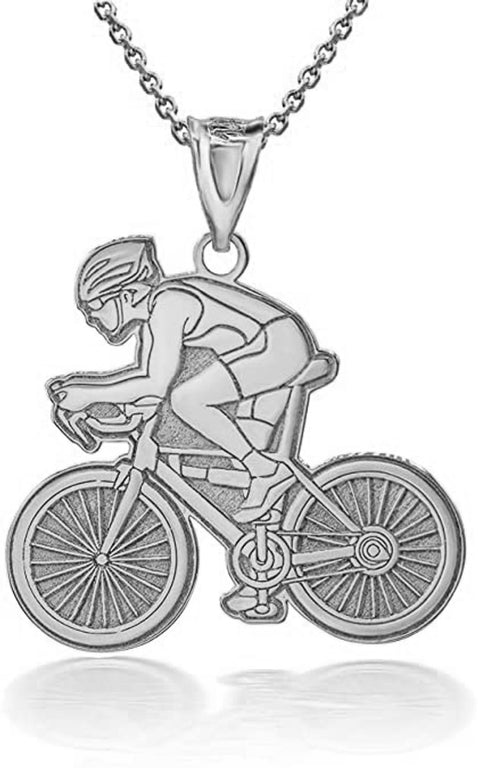 Personalized Engravable Cyclist Bike Sports Pendant Necklace with Your Name in Solid .925 Sterling Silver