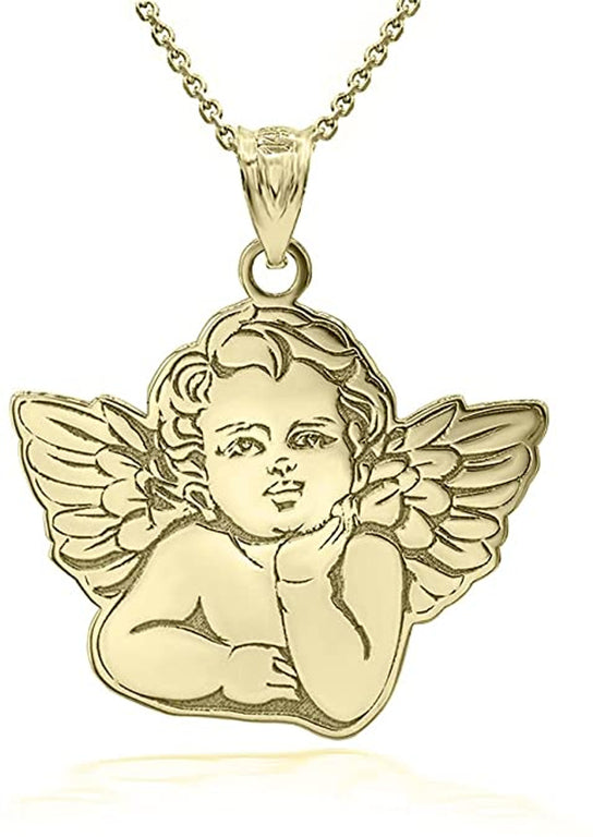 Personalized Engravable Cherub Cupid Guardian Angel Name Pendant Necklace With Your NAME in Solid Yellow, White and Rose Gold