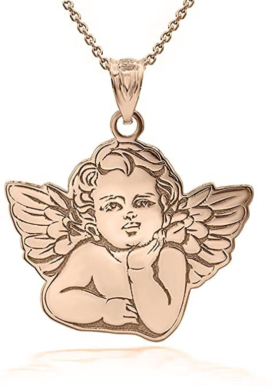 Personalized Engravable Cherub Cupid Guardian Angel Name Pendant Necklace With Your NAME in Solid Yellow, White and Rose Gold