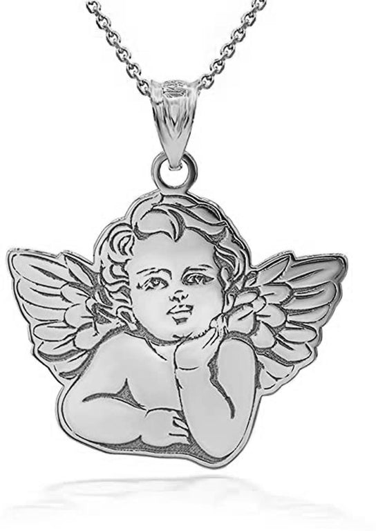 Personalized Engravable Cherub Cupid Guardian Angel Name Pendant Necklace With Your NAME in Solid .925 Sterling Silver