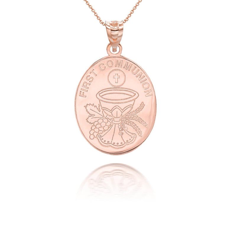 Personalized Religious Holy First Communion Reversible Pendant Necklace With Your NAME in Solid Yellow, White and Rose Gold