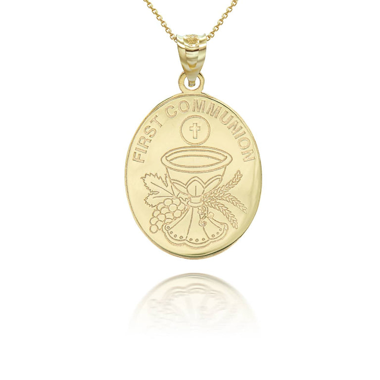 Personalized Religious Holy First Communion Reversible Pendant Necklace With Your NAME in Solid Yellow, White and Rose Gold