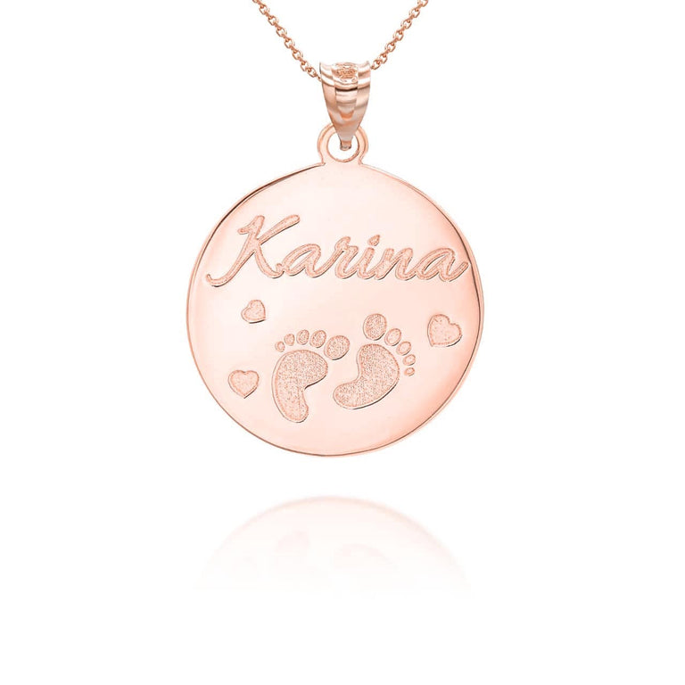 Personalized New Born Baby Feet Reversible Pendant Necklace With Your NAME in Solid Yellow, White and Rose Gold