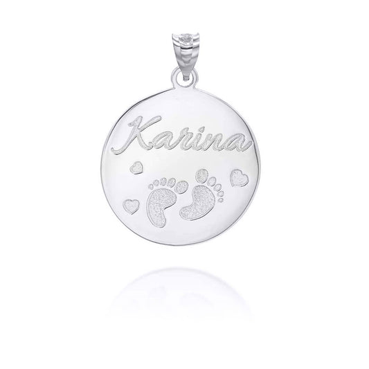 Personalized New Born Baby Feet Reversible Pendant Necklace With Your NAME in Solid .925 Sterling Silver