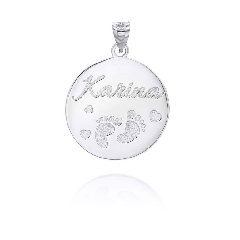 Personalized New Born Baby Feet Reversible Pendant Necklace With Your NAME in Solid .925 Sterling Silver