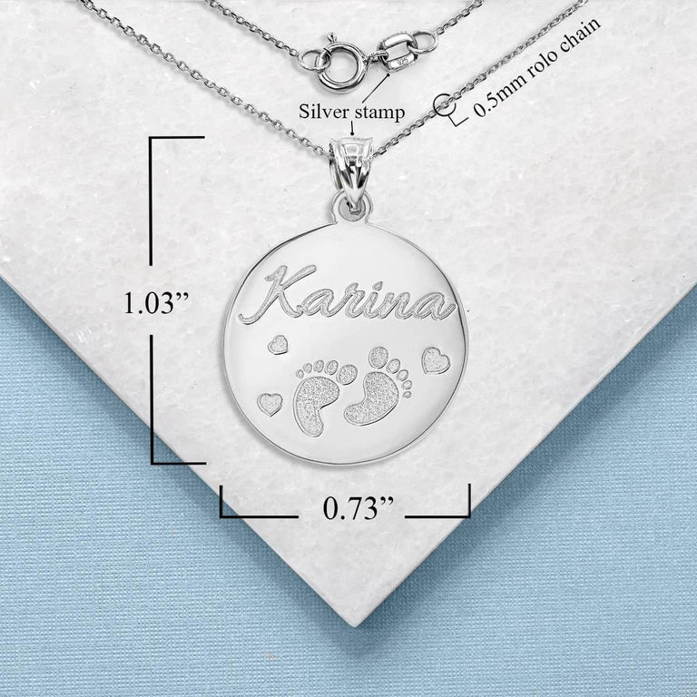 Personalized New Born Baby Feet Reversible Pendant Necklace With Your NAME in Solid .925 Sterling Silver