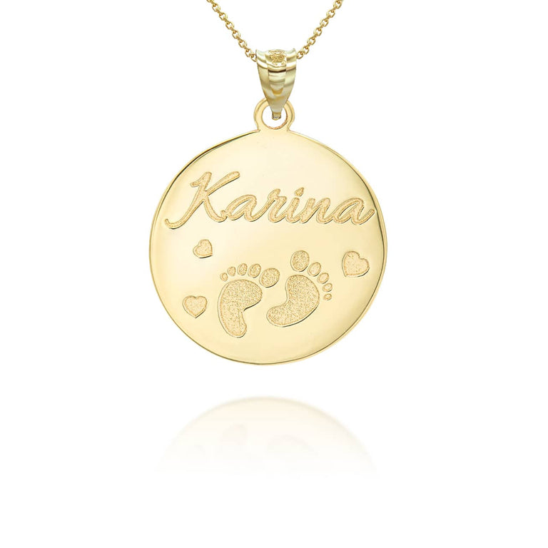 Personalized New Born Baby Feet Reversible Pendant Necklace With Your NAME in Solid Yellow, White and Rose Gold