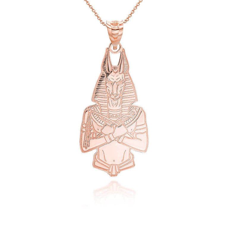 Personalized Anubis Ancient Egyptian God of the Dead Reversible Pendant Necklace With Your NAME in Solid Yellow, White and Rose Gold