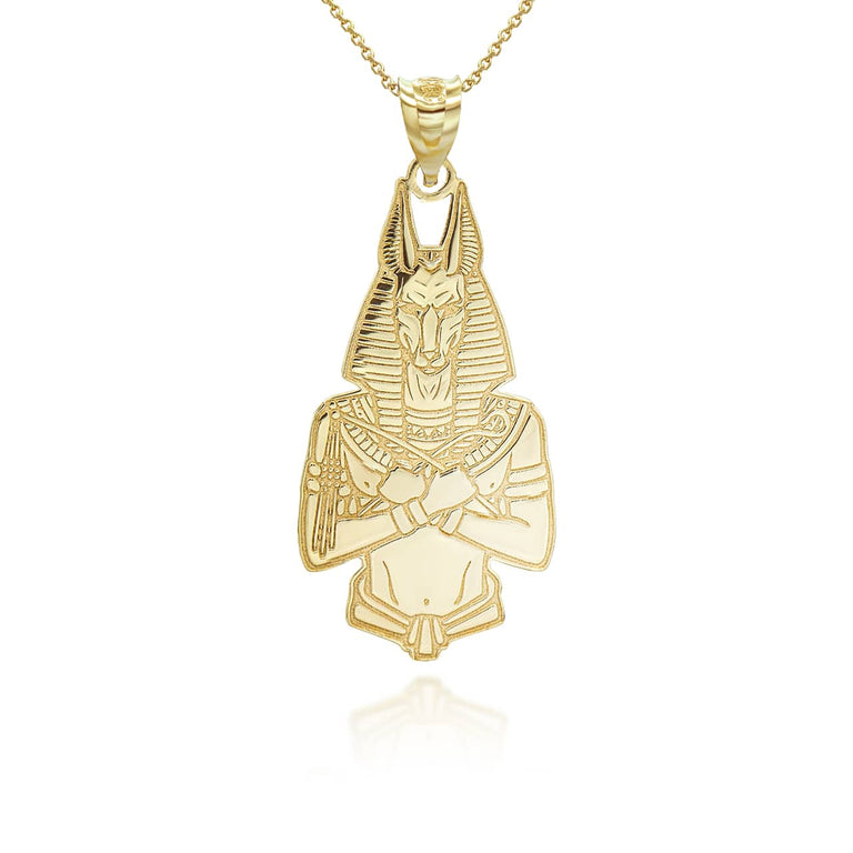 Personalized Anubis Ancient Egyptian God of the Dead Reversible Pendant Necklace With Your NAME in Solid Yellow, White and Rose Gold