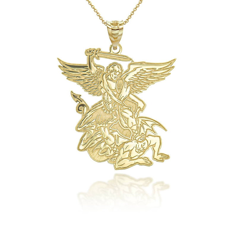 Personalized Saint Michael Patron Saint of Military and Police Reversible Pendant Necklace With Your NAME in Solid Yellow, White and Rose Gold