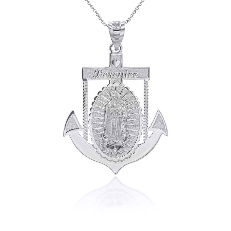 Personalized Our Lady of Guadalupe Anchor Mariner Pendant Necklace With Your NAME in Solid .925 Sterling Silver
