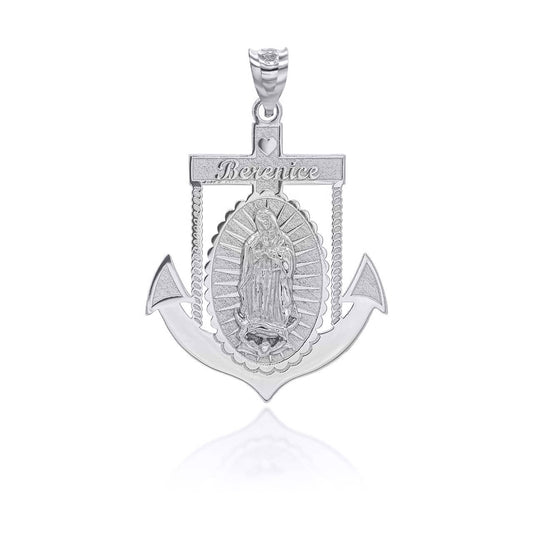 Personalized Our Lady of Guadalupe Anchor Mariner Pendant Necklace With Your NAME in Solid .925 Sterling Silver