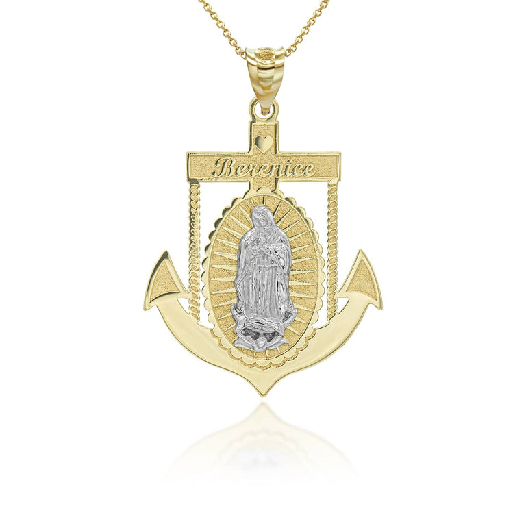 Personalized Our Lady of Guadalupe Anchor Mariner Pendant Necklace With Your NAME in Solid Yellow, White and Rose Gold