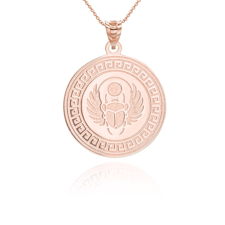 Gold Ancient Egyptian Winged Scarab Beetle Medallion Pendant Necklace in Solid Yellow, White and Rose Gold