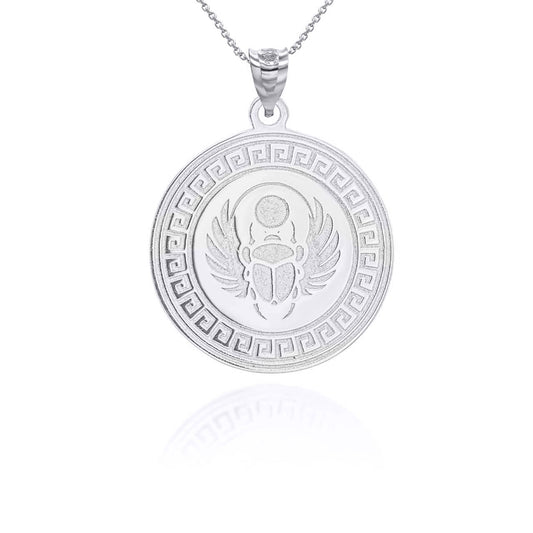 Gold Ancient Egyptian Winged Scarab Beetle Medallion Pendant Necklace in Solid .925 Sterling Silver