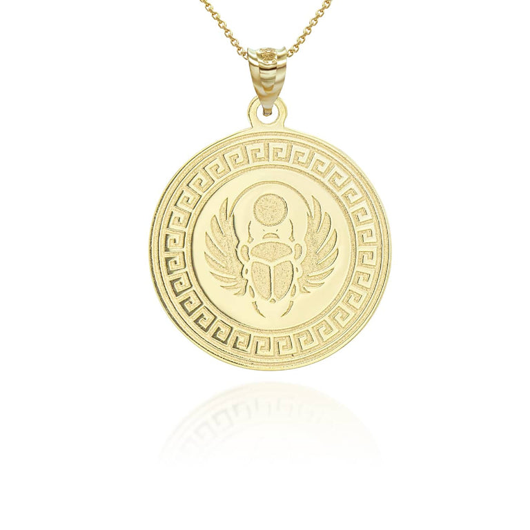 Gold Ancient Egyptian Winged Scarab Beetle Medallion Pendant Necklace in Solid Yellow, White and Rose Gold