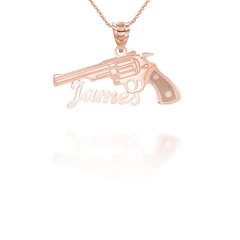 Personalized Name Gun Pendant Necklace With Your NAME in Solid Yellow, White and Rose Gold