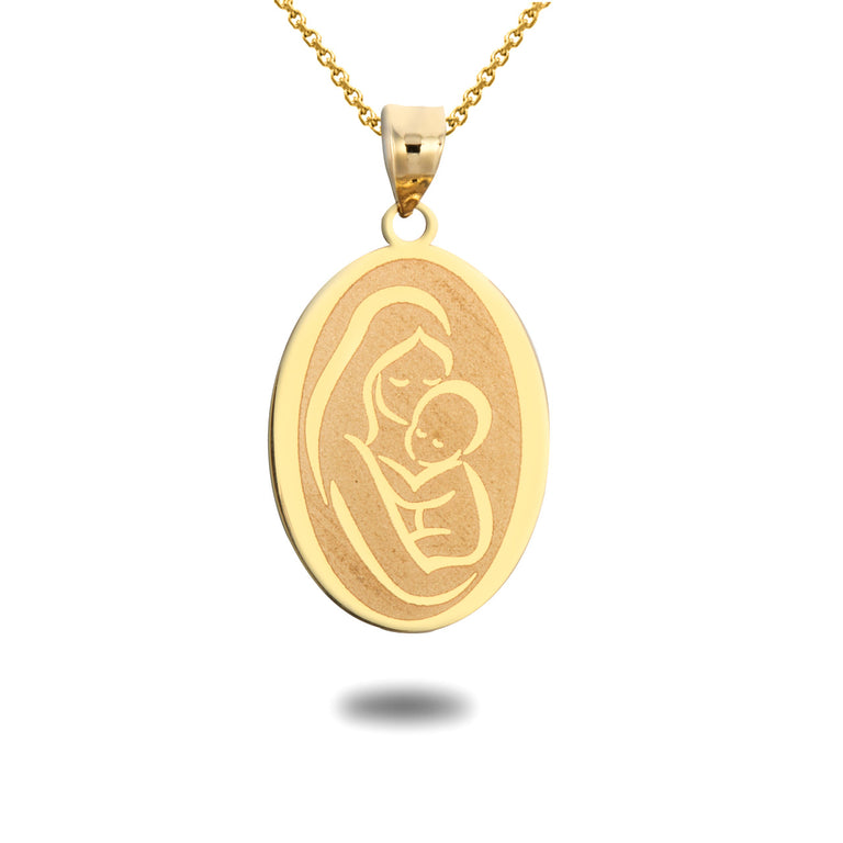 Personalized Mother/Baby Engravable Oval Medallion Necklace With your Name in Solid Yellow, White and Rose Gold