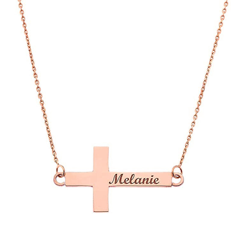 Engravable Personalized NAME Sideways Cross Pendant Necklace in Solid Yellow, White and Rose Gold