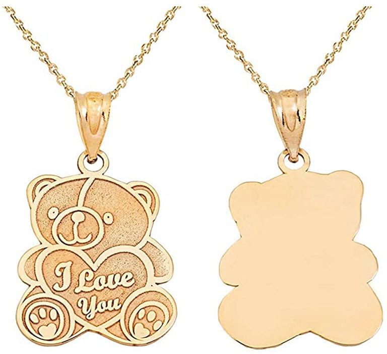 Personalized Engravable Name Heart I Love You Teddy Bear Charm Pendant Necklace Available in Solid Yellow, White and Rose Gold