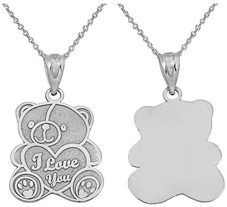 Personalized Engravable Name Heart I Love You Teddy Bear Charm Pendant Necklace Available in Solid Yellow, White and Rose Gold