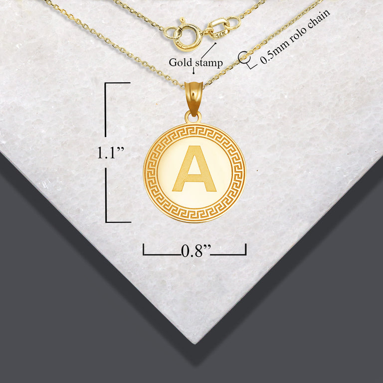 Personalized Letter Initial Greek Key Medallion Pendant Necklace in Solid Yellow, White and Rose Gold