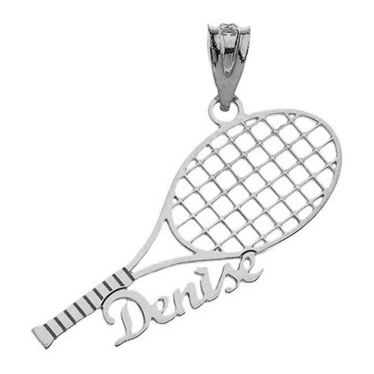 Personalize Sports Tennis Racket Pendant Necklace With Your NAME in Solid .925 Sterling Silver