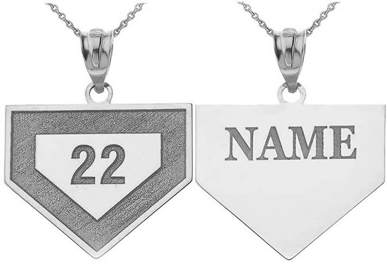 Engravable Personalized Baseball Base Pendant Necklace With Name & Number in Solid .925 Sterling Silver