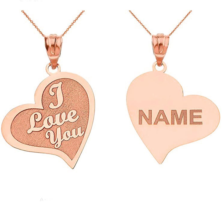 Personalized Engravable Reversible I Love You Heart Shape With Her His NAME Pendant in Solid Yellow, White and Rose Gold