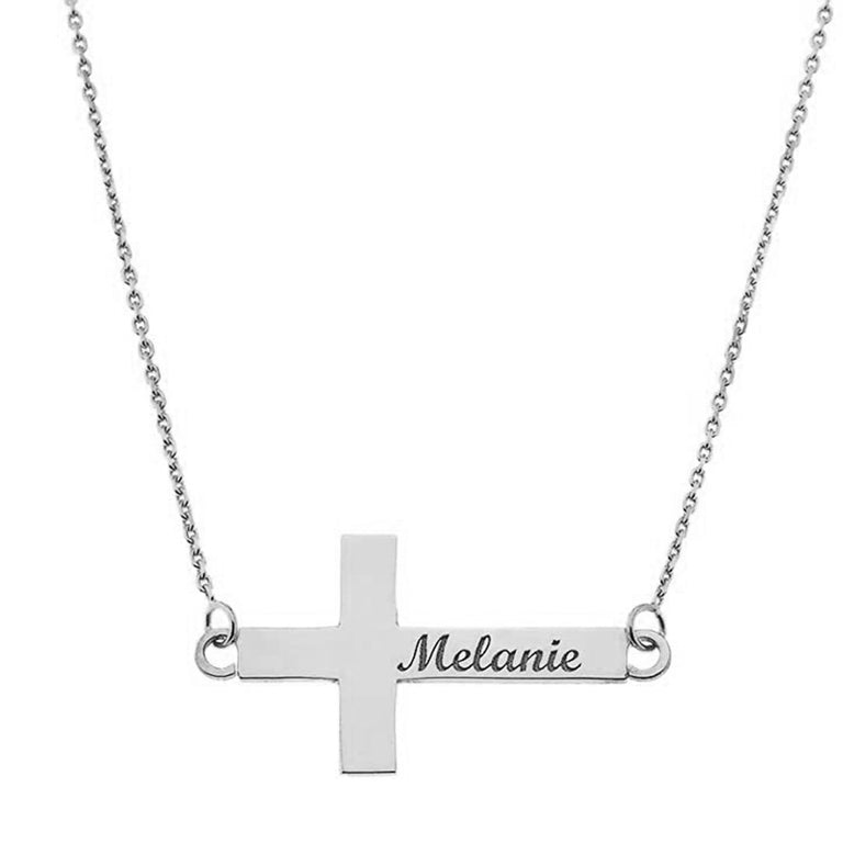 Engravable Personalized NAME Sideways Cross Pendant Necklace in Solid .925 Sterling Silver