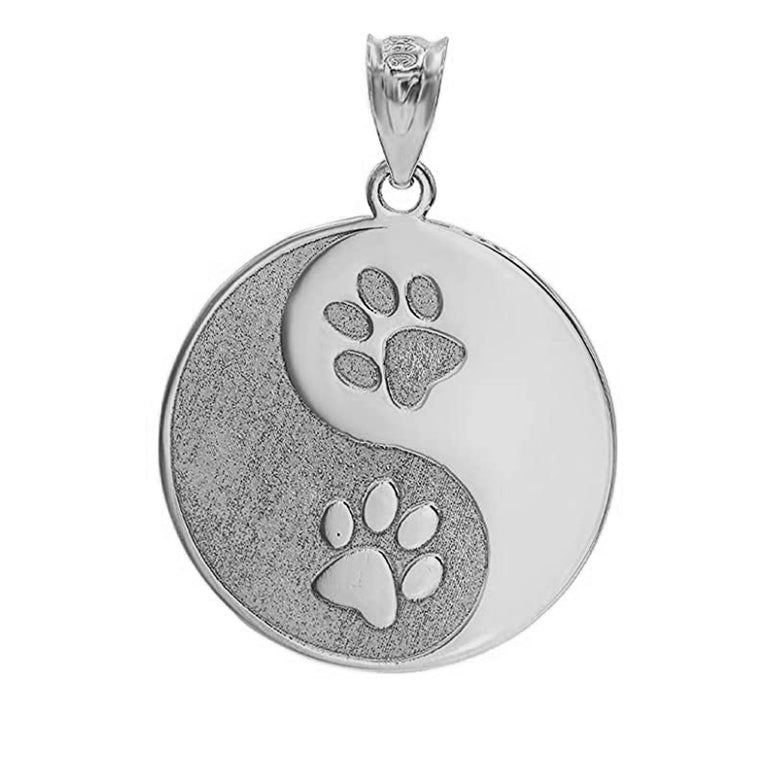 Personalized Engravable Ying Yang Pet Tag Paws Print Pendant Necklace with NAME in Solid .925 Sterling Silver